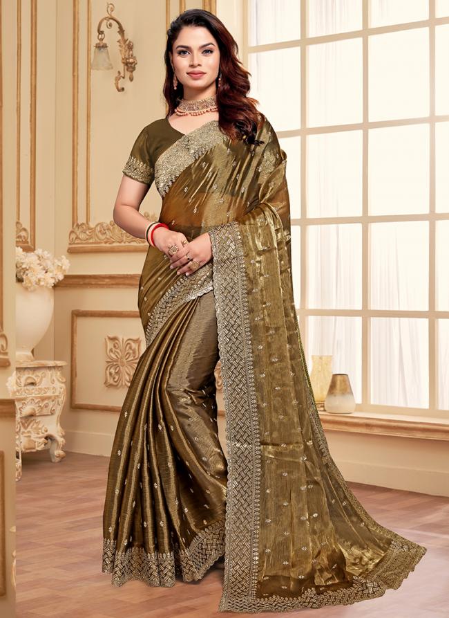 Jimmy Choo Dusty Gold Party Wear Embroidery Work Saree